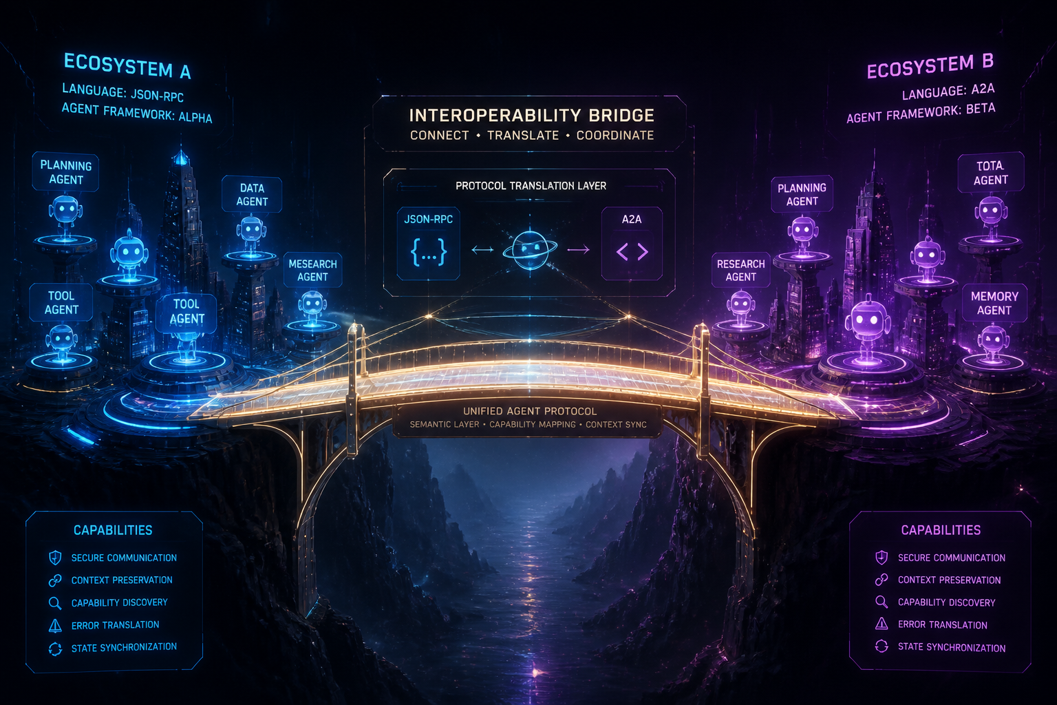Glowing bridge connecting distinct AI ecosystems