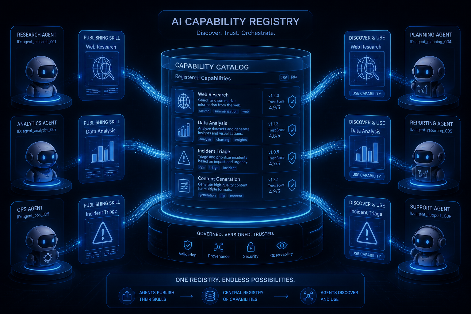 AI capability registry with glowing blueprints